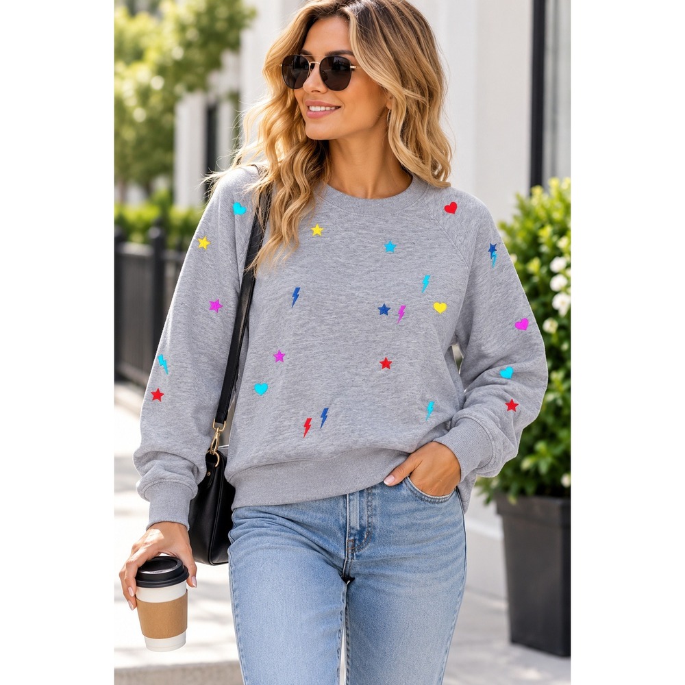 Chaser Womens Embroidered Stars Hearts Lightning Bolt Sweatshirt Heather Grey L
